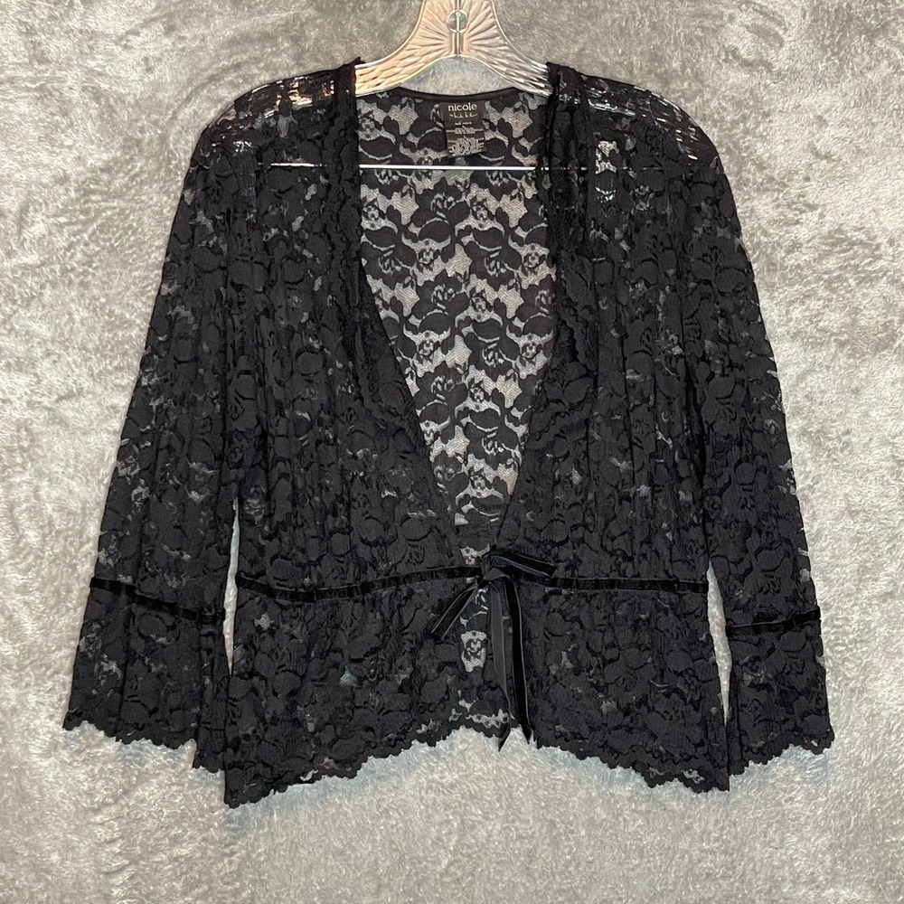 Womens Y2K Whimsigoth Witchy Goth Sheer Floral‎ Lace Top Black Tie Front Flare L